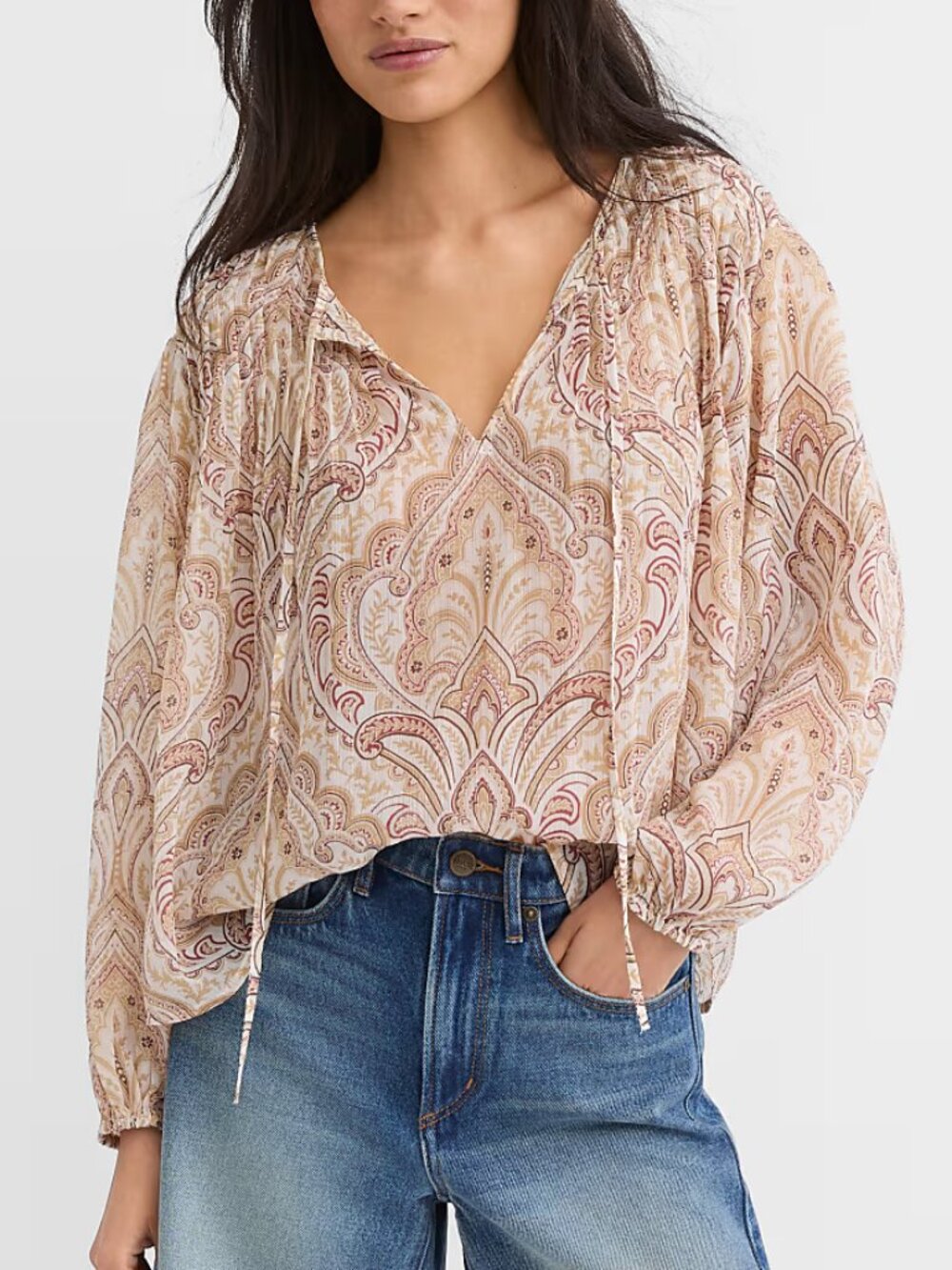 LOFT - Tiled Pleated Tie Neck Blouse Cream w Muti - Size L NWT